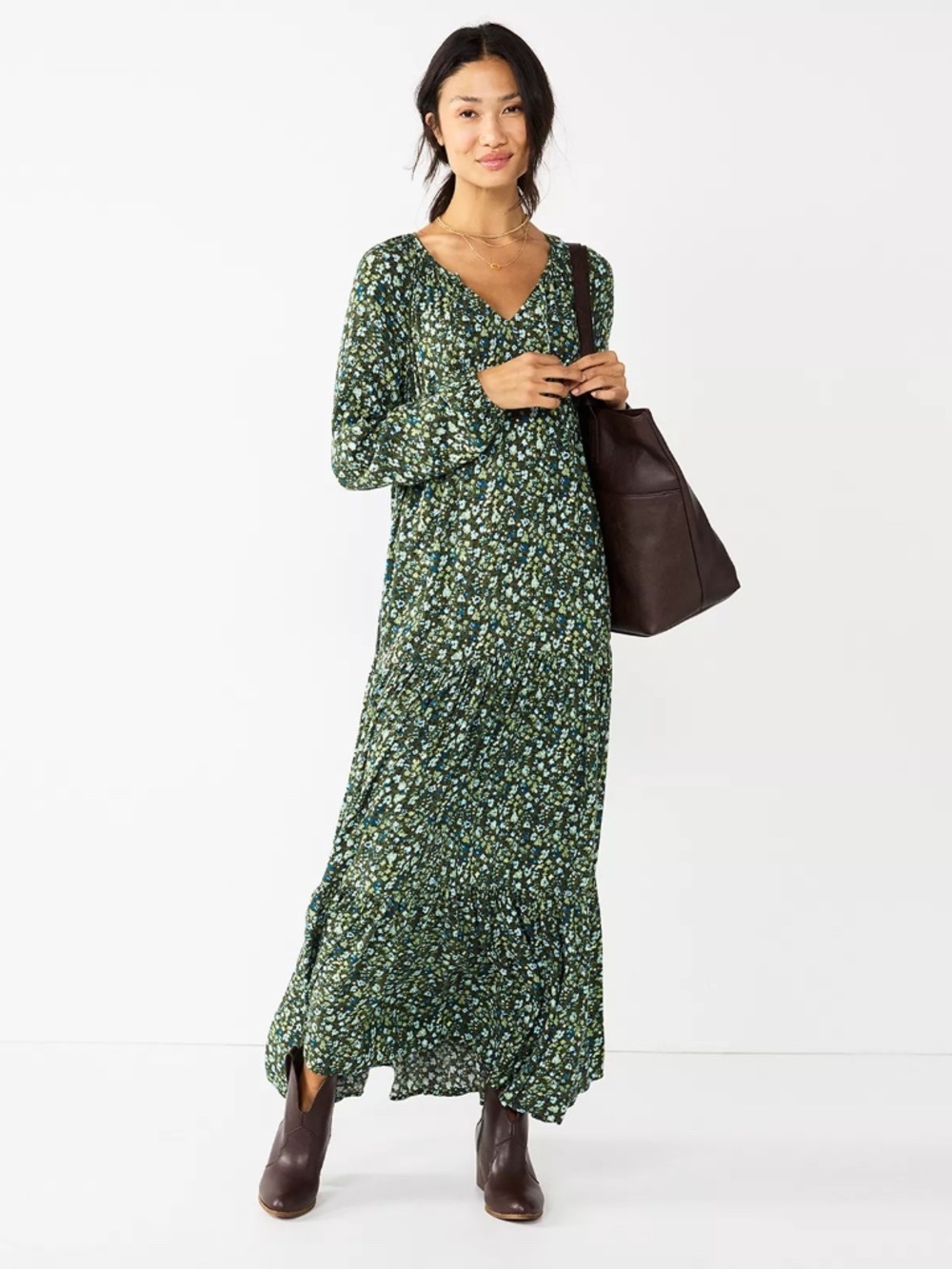 Sonoma Olive Green Floral Tiered Maxi Dress - Size XL